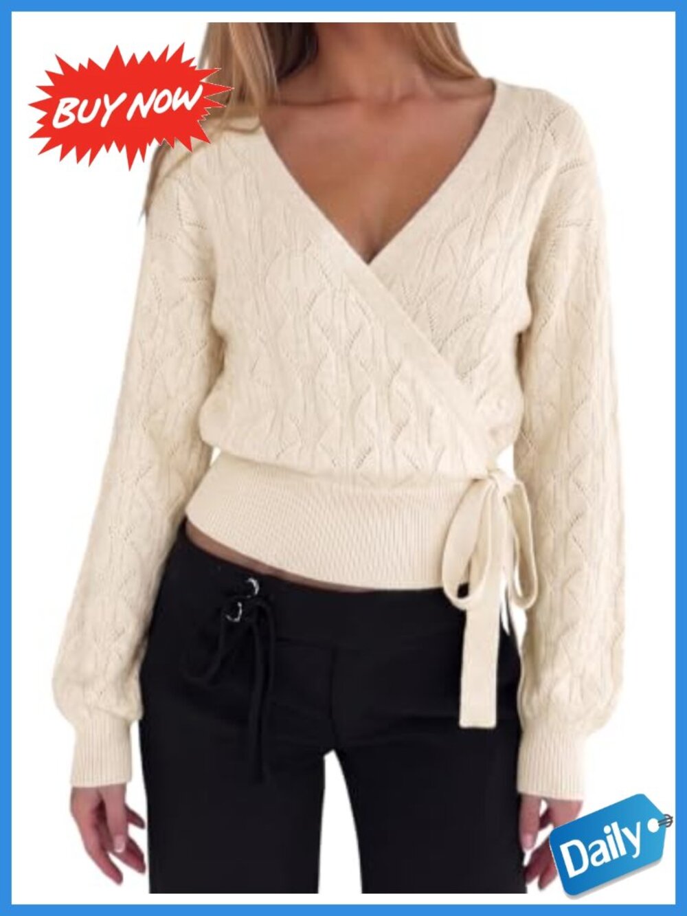 Cropped Sweater V Neck Lantern Sleeve Pullover Top